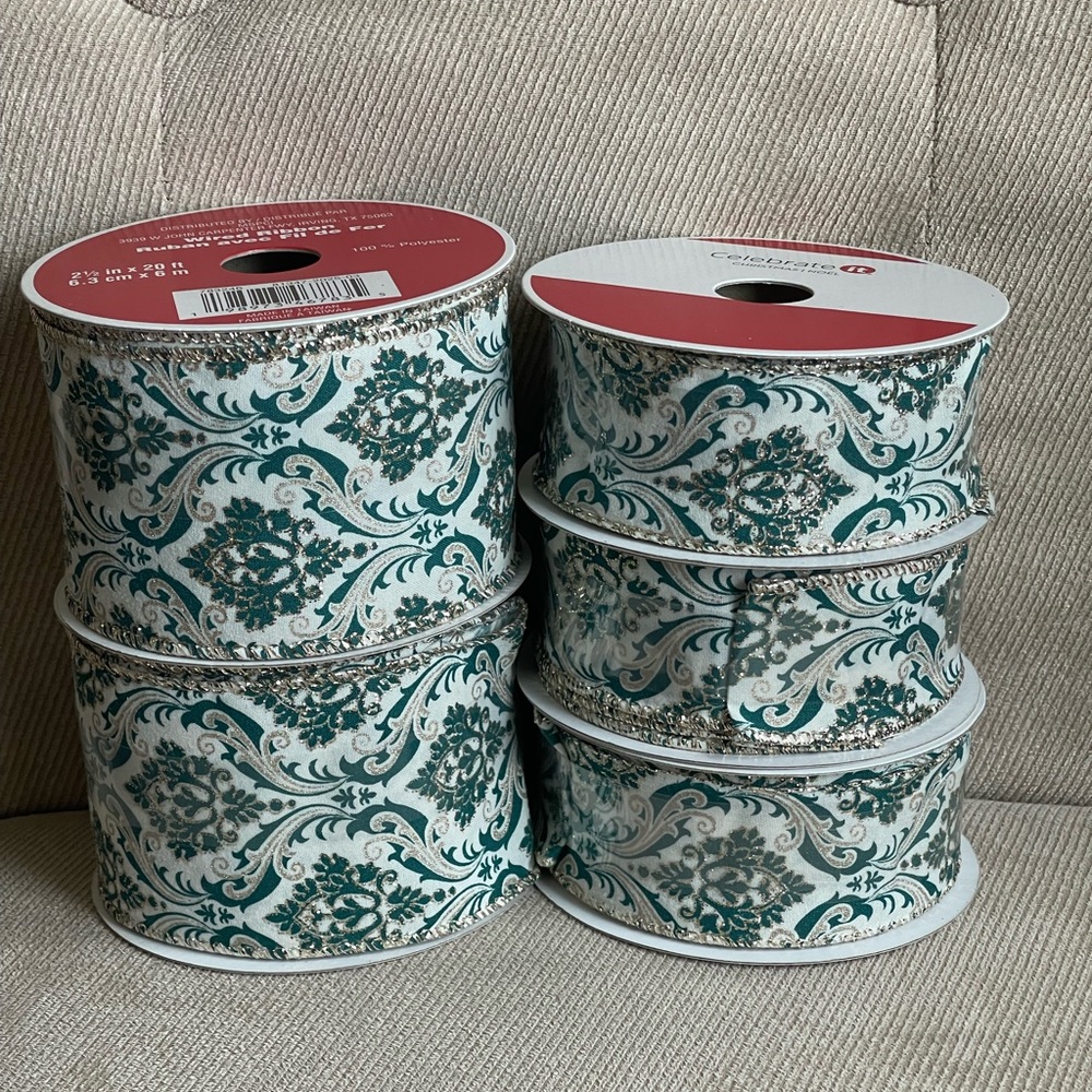 Vintage Design Hunter Green Christmas Wired Ribbon 20ft & 30ft Lot of 5 NEW